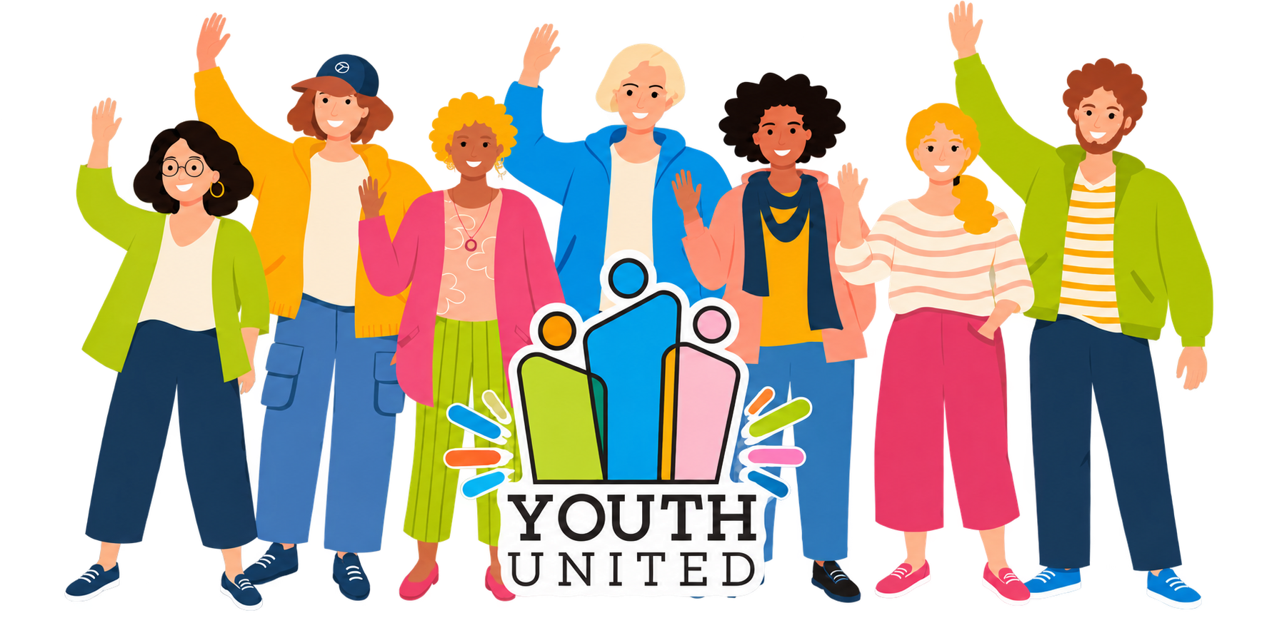 Eine vielfältige Gruppe junger Menschen steht gemeinsam hinter dem Youth-United-Zeichen